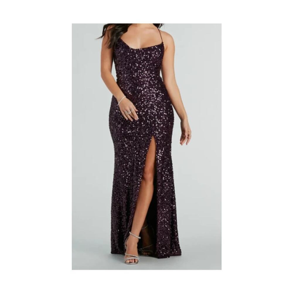 Windsor Plum Esperanza Sequin A-Line Formal Dress Front Slit Small NWT
